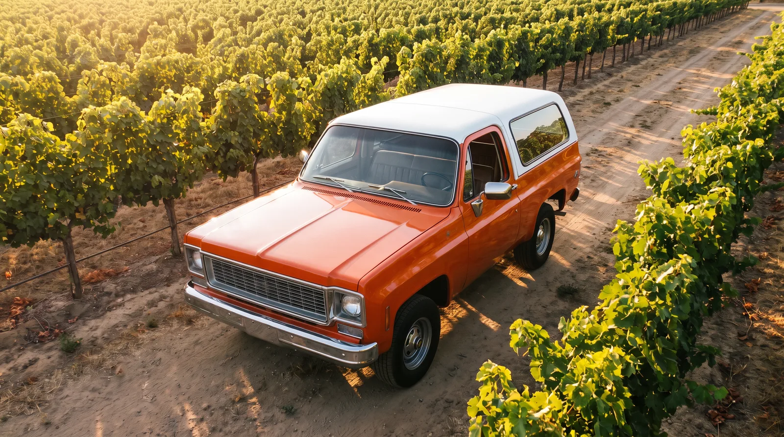 1973 Chevrolet K5 Blazer, orange truck on a vineyard lane