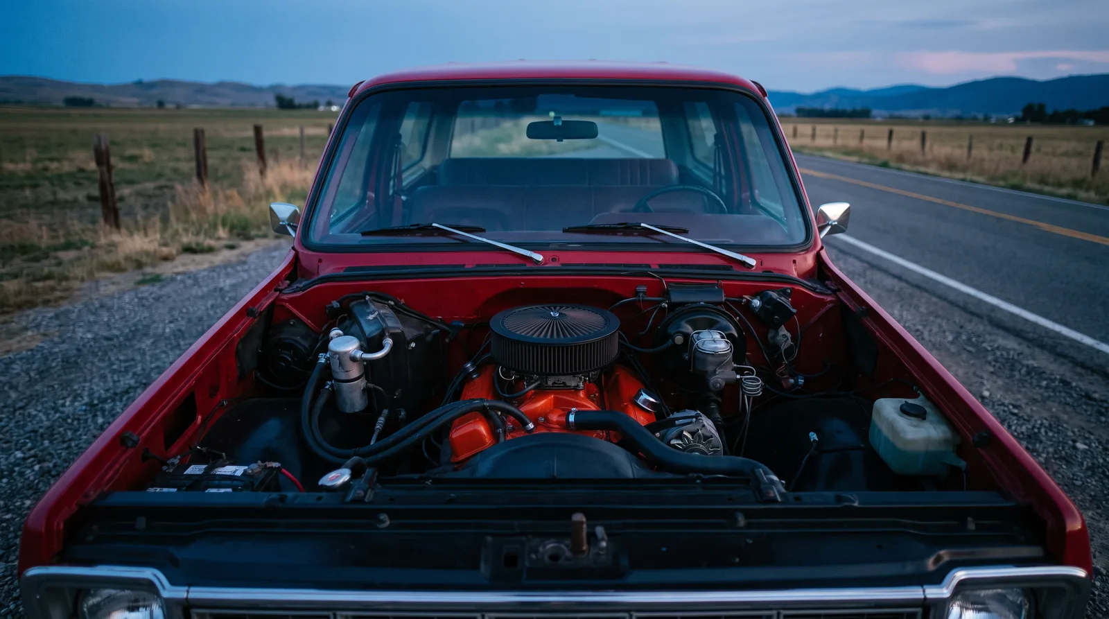 1973 Chevrolet K5 Blazer, orange 350 V8 under the raised hood