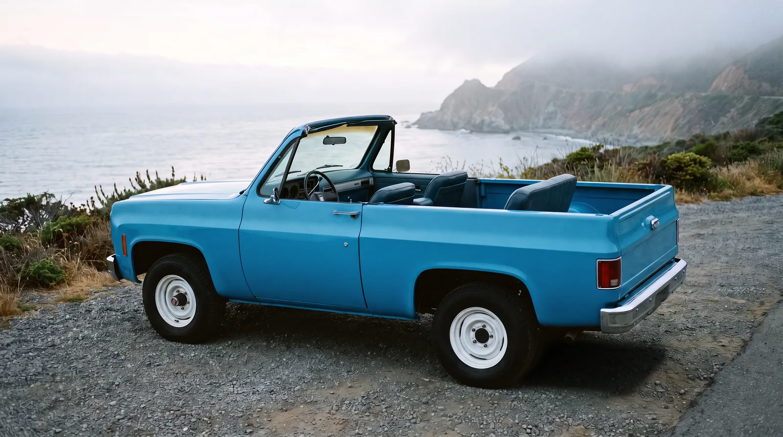 1973 Chevrolet K5 Blazer, top off, open cabin above a misty coast