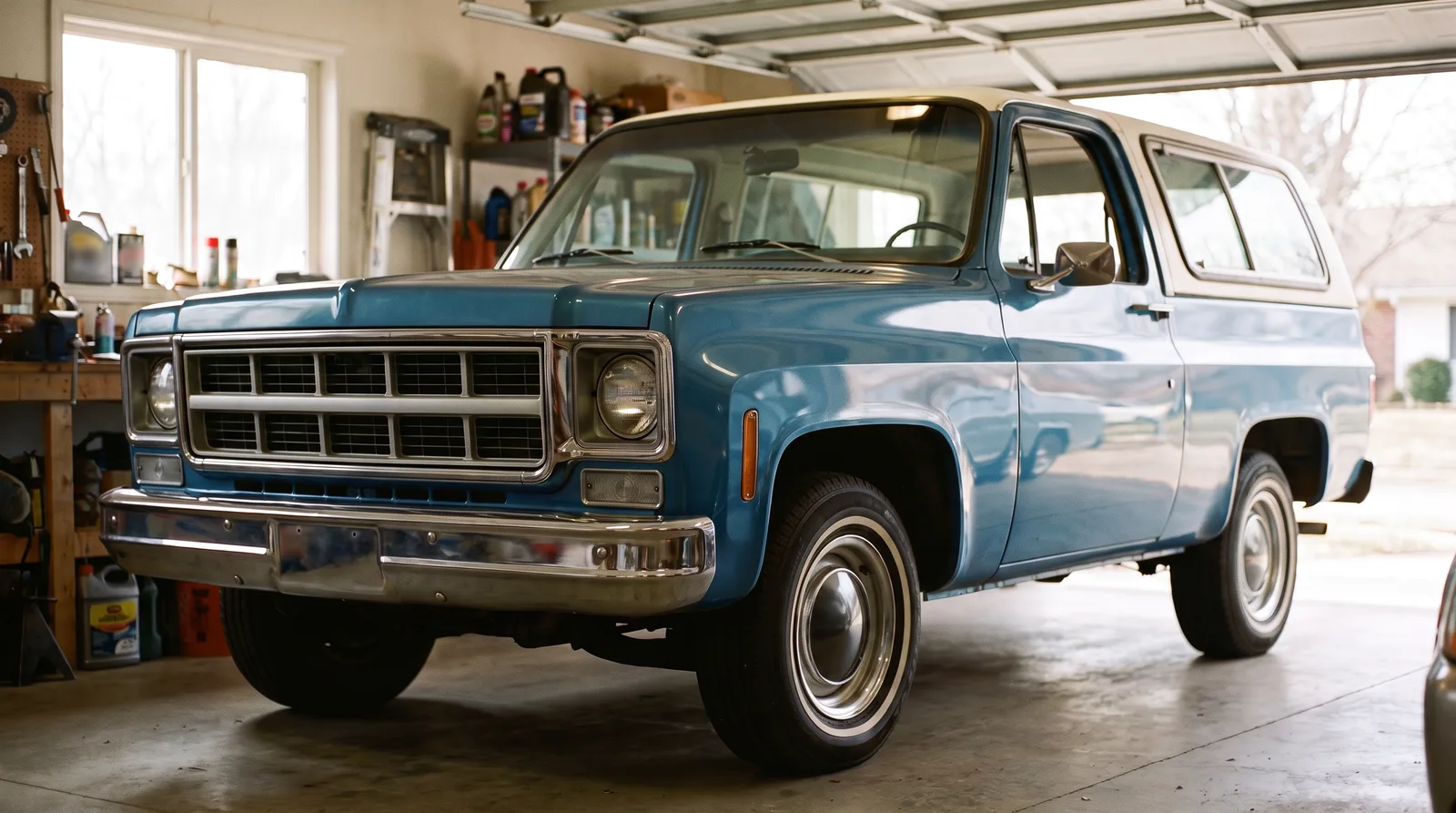1973 GMC Jimmy, blue Jimmy in an open home garage
