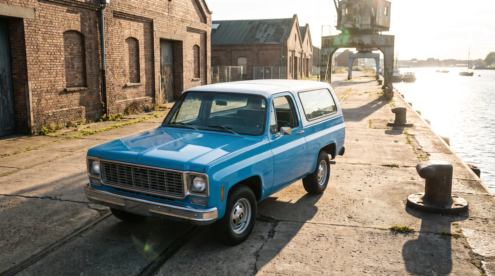 1975 Chevrolet K5 Blazer, late sun on an old harbour quay