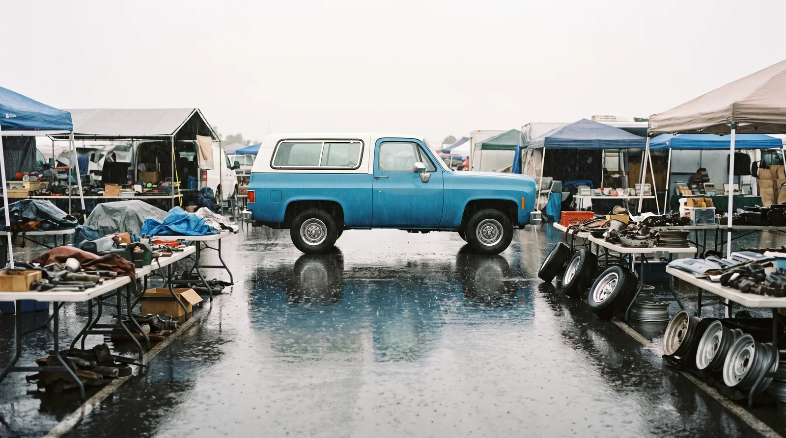 1973 Chevrolet K5 Blazer, in a rainy swap meet aisle