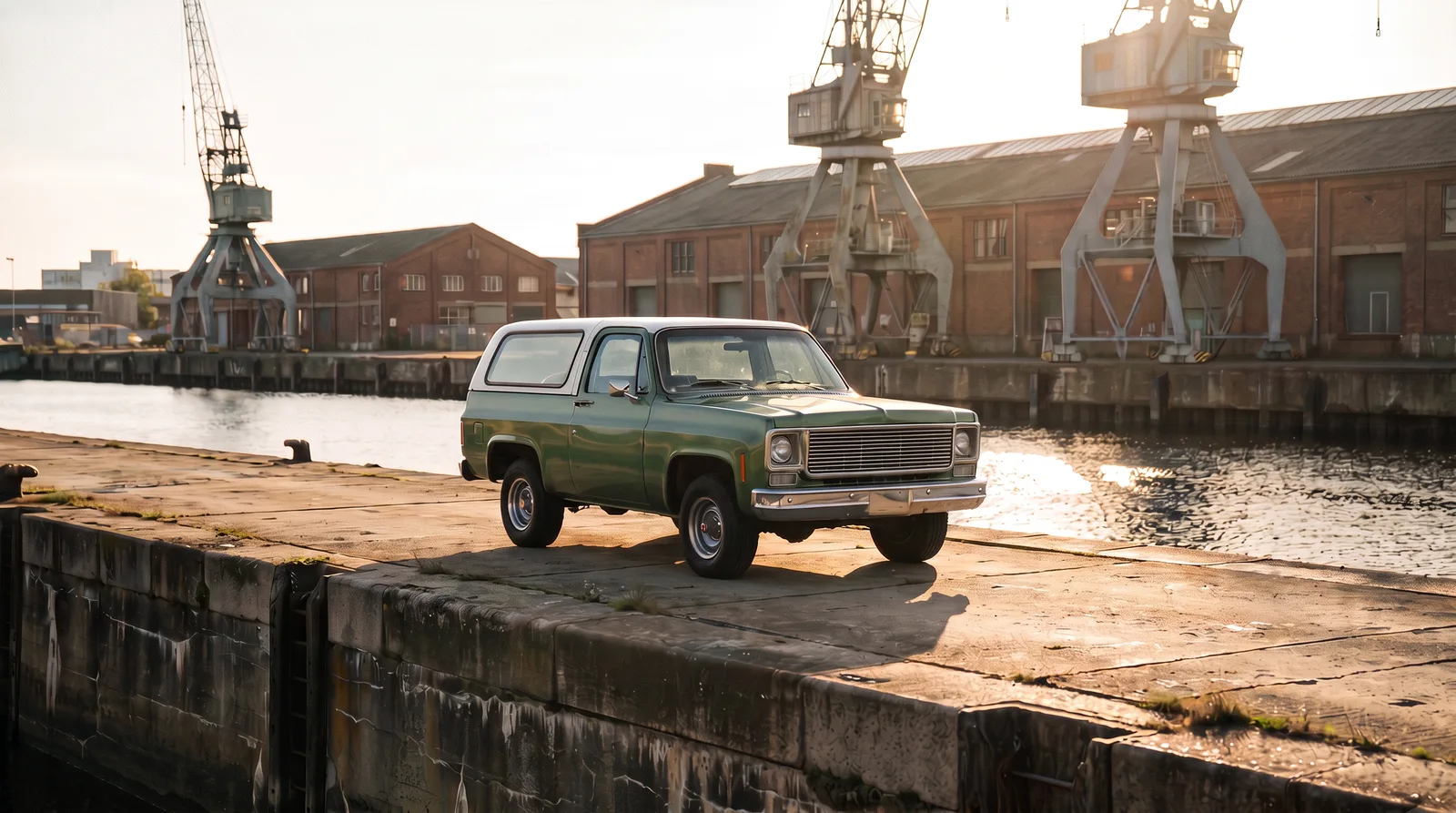 1973 Chevrolet K5 Blazer, parked on an industrial waterfront quay