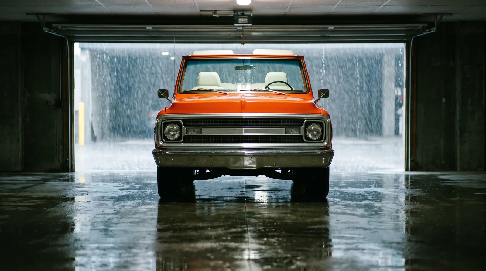 1970 Chevrolet K5 Blazer — topless in a rainy parking garage