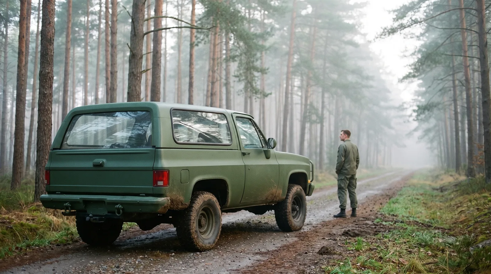 Chevrolet M1009 CUCV Blazer, misty pine forest road