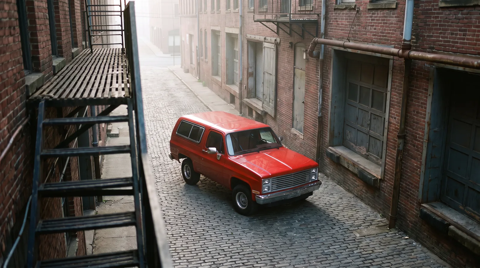 1986 Chevrolet K5 Blazer, misty brick warehouse alley from above