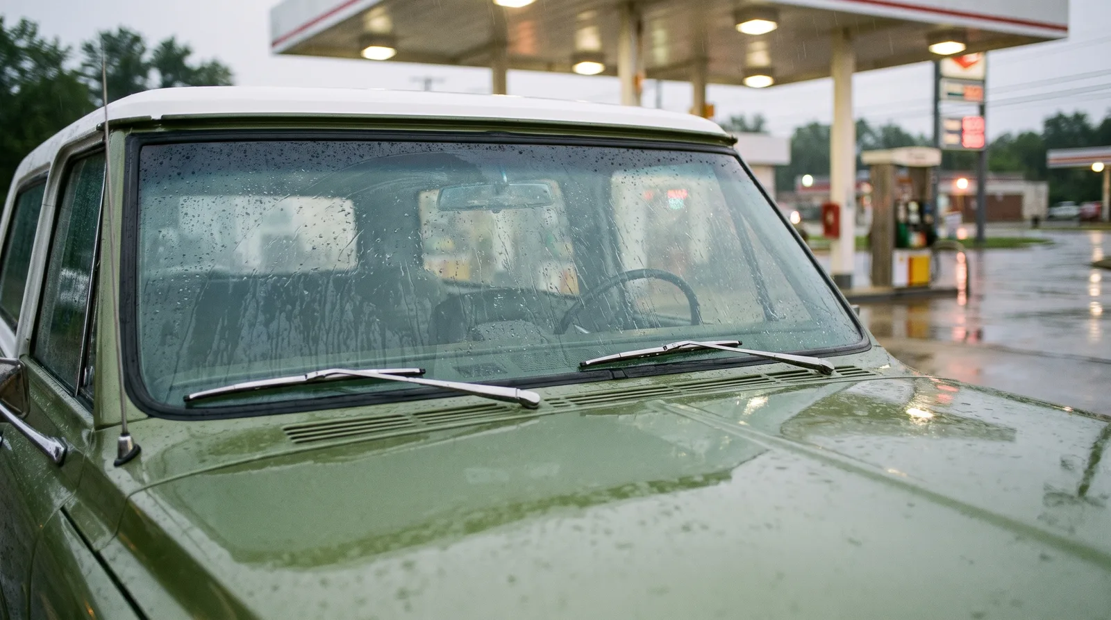 1970 GMC Jimmy — rainy windshield at an old gas station