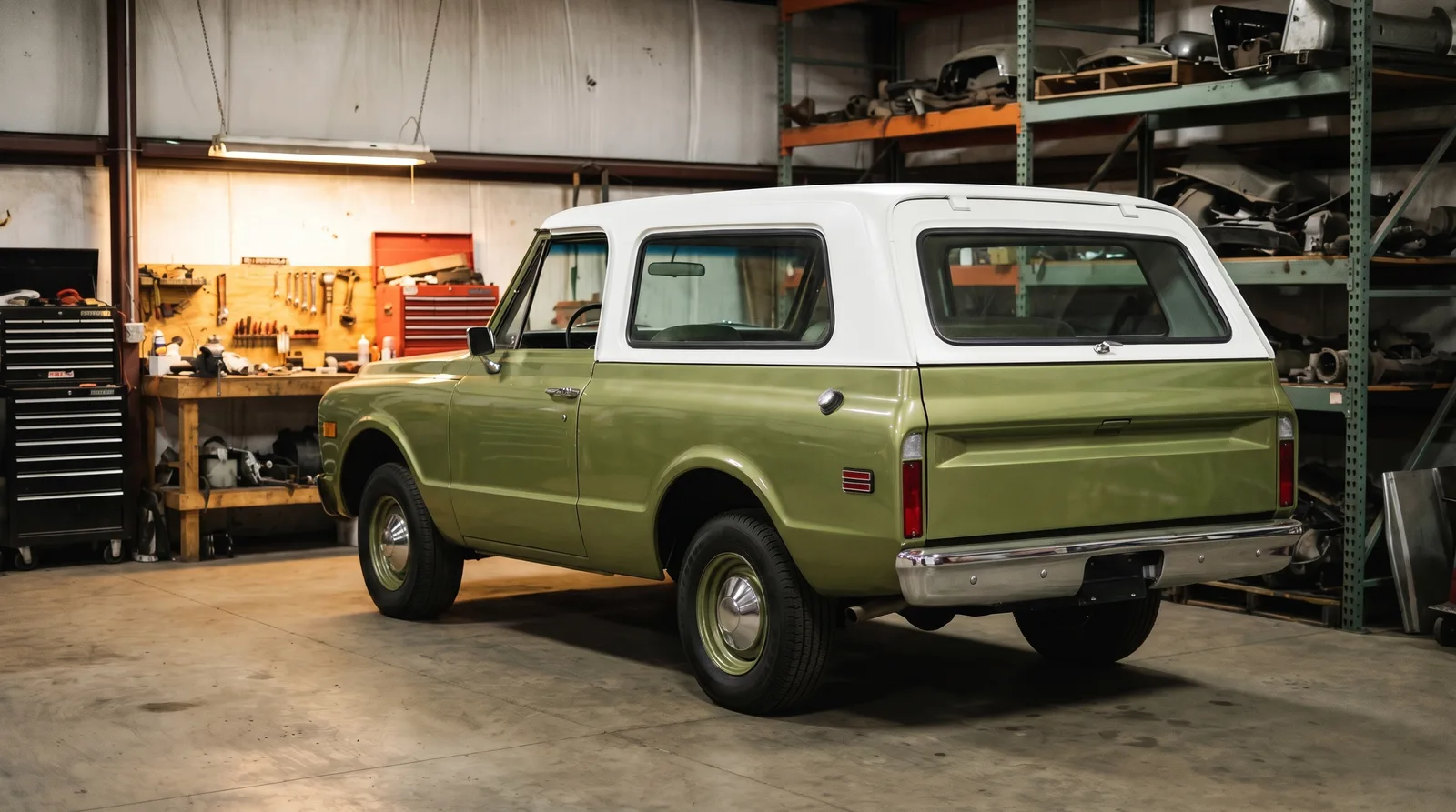 1971 GMC Jimmy, white hardtop in a restoration shop