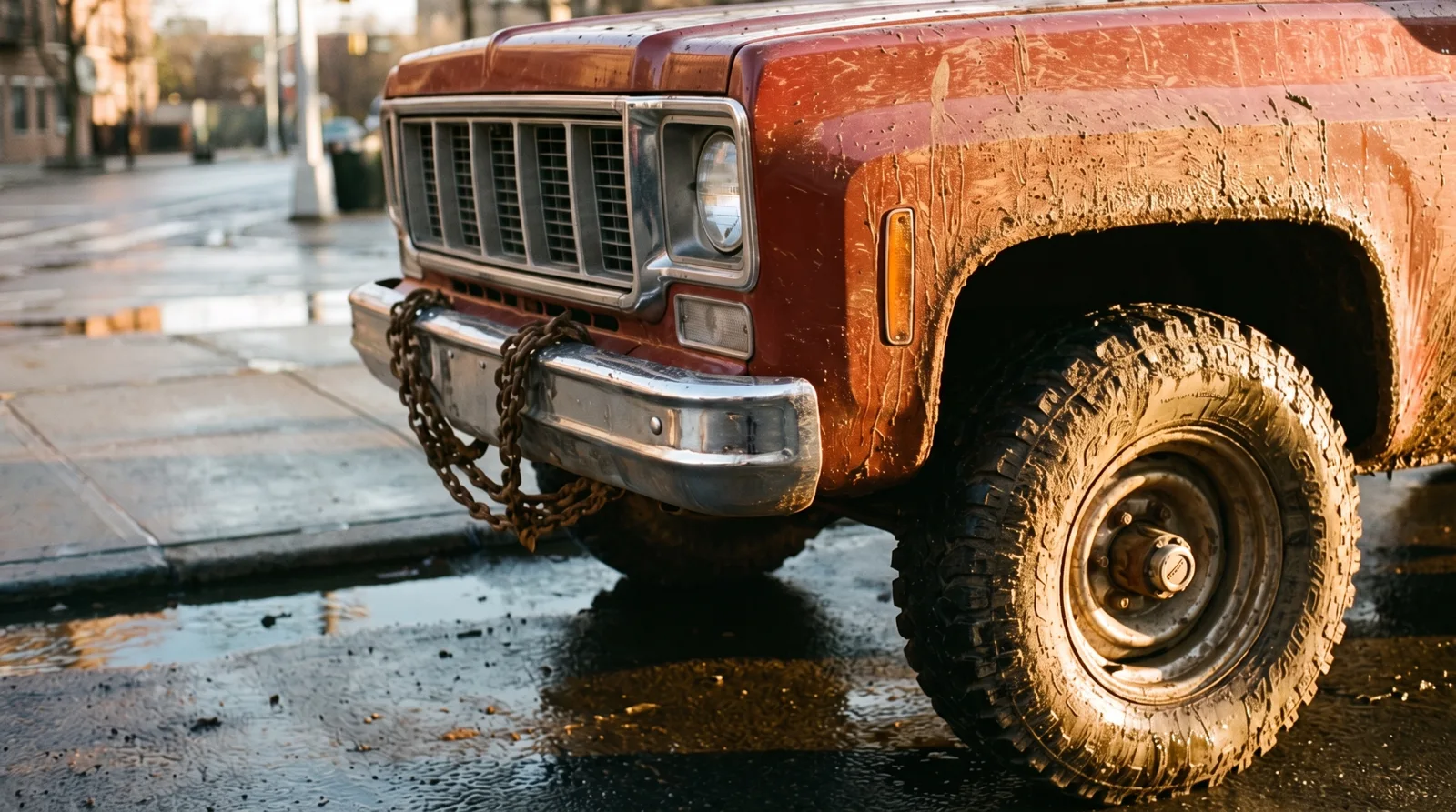 1975 GMC Jimmy, mud-caked fender and tow chain