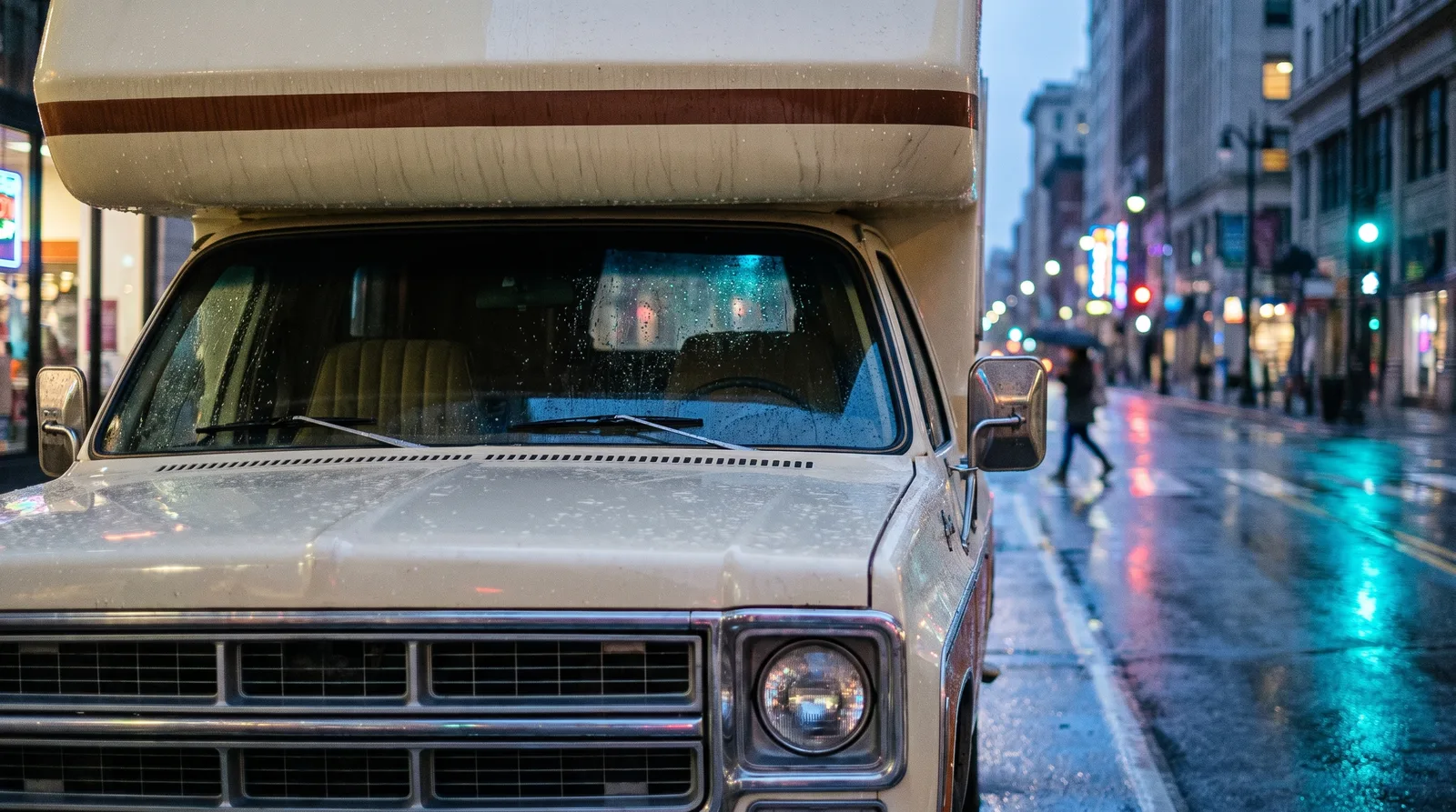 1976 GMC Jimmy Casa Grande, camper cab on a rainy city avenue