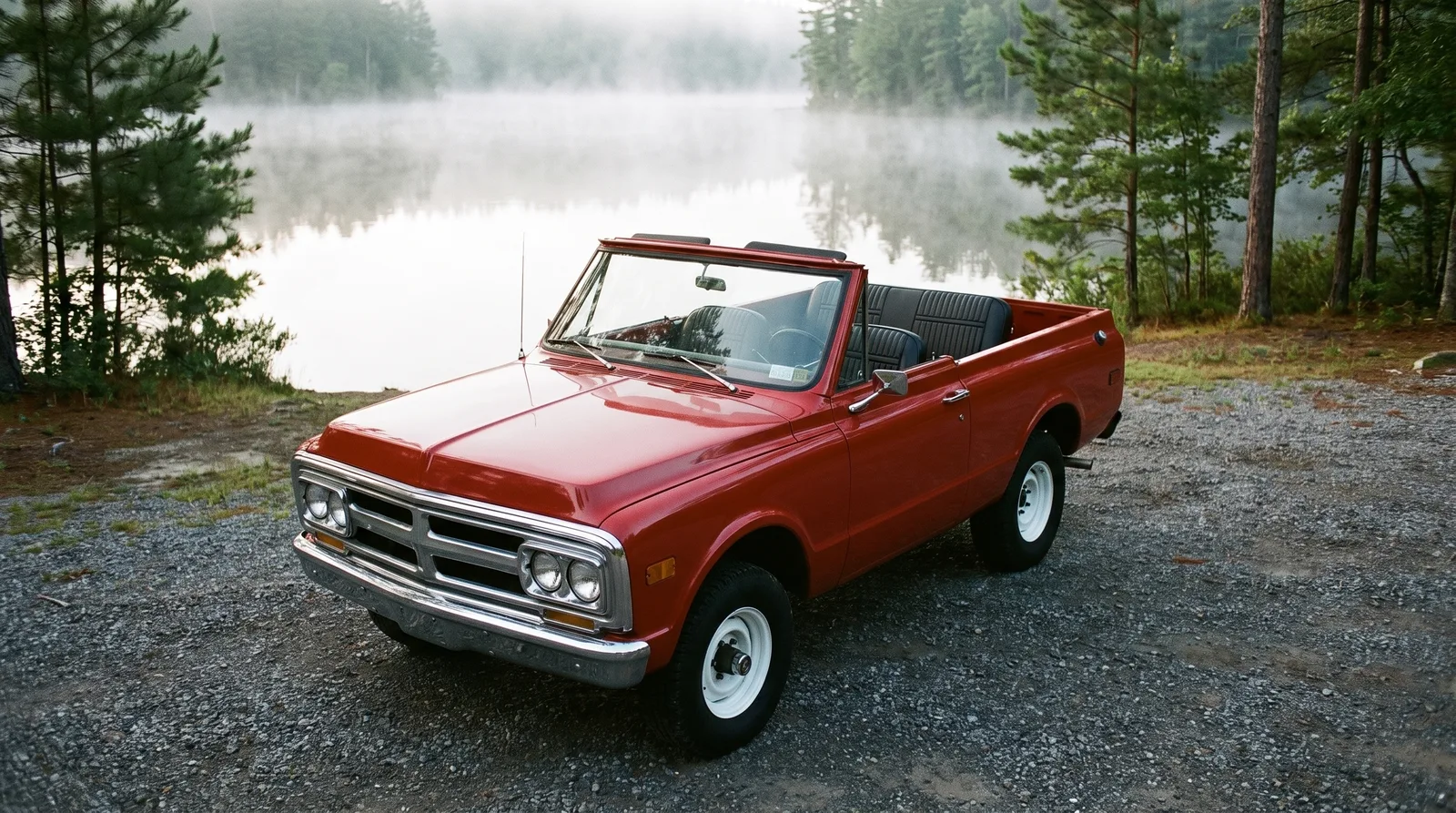 1971 GMC Jimmy, top off at a misty lakeside lot