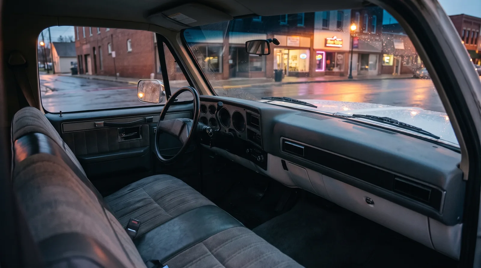 1985 GMC Jimmy 6.2 diesel, cab view onto a wet street at dusk