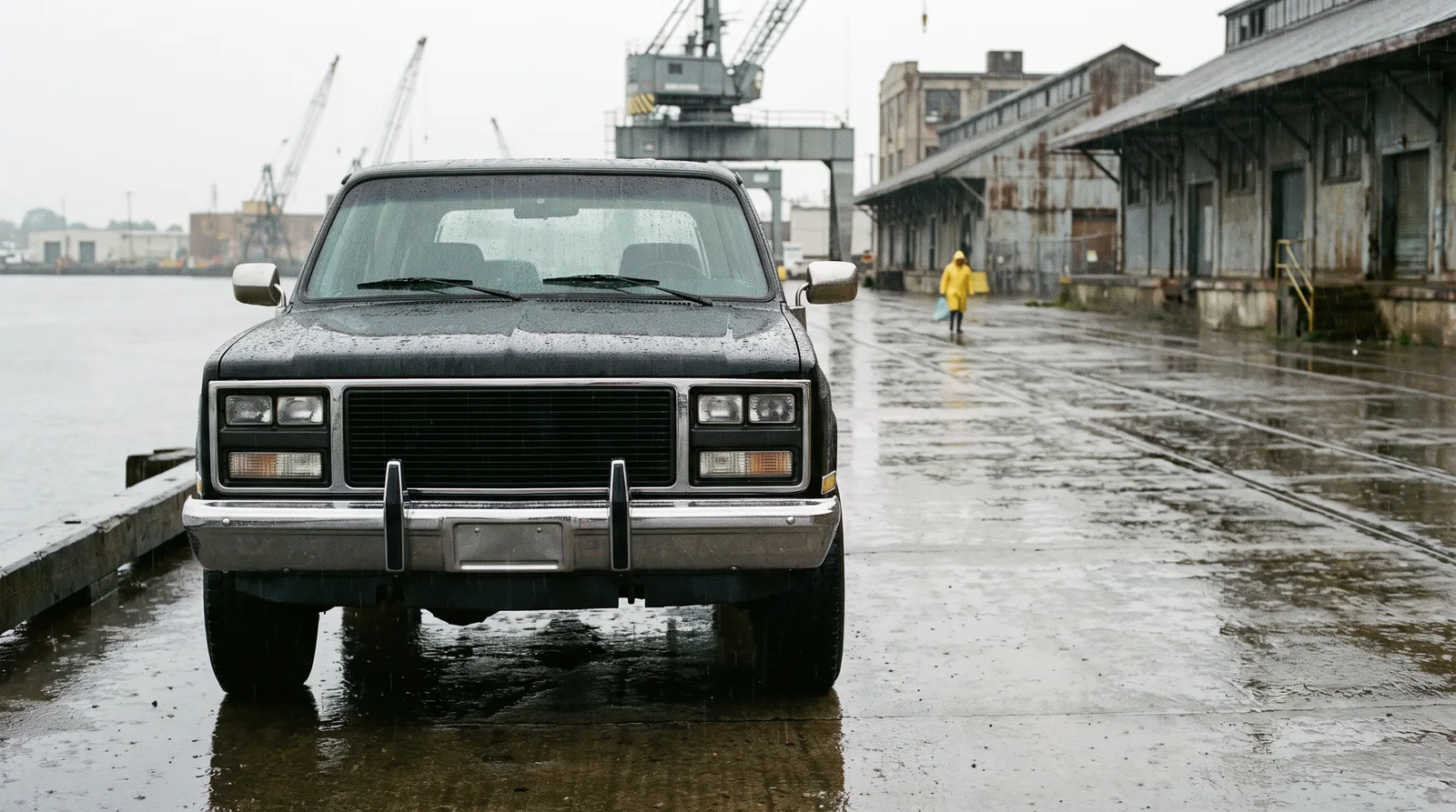 1991 GMC Jimmy â€” rainy industrial waterfront pier