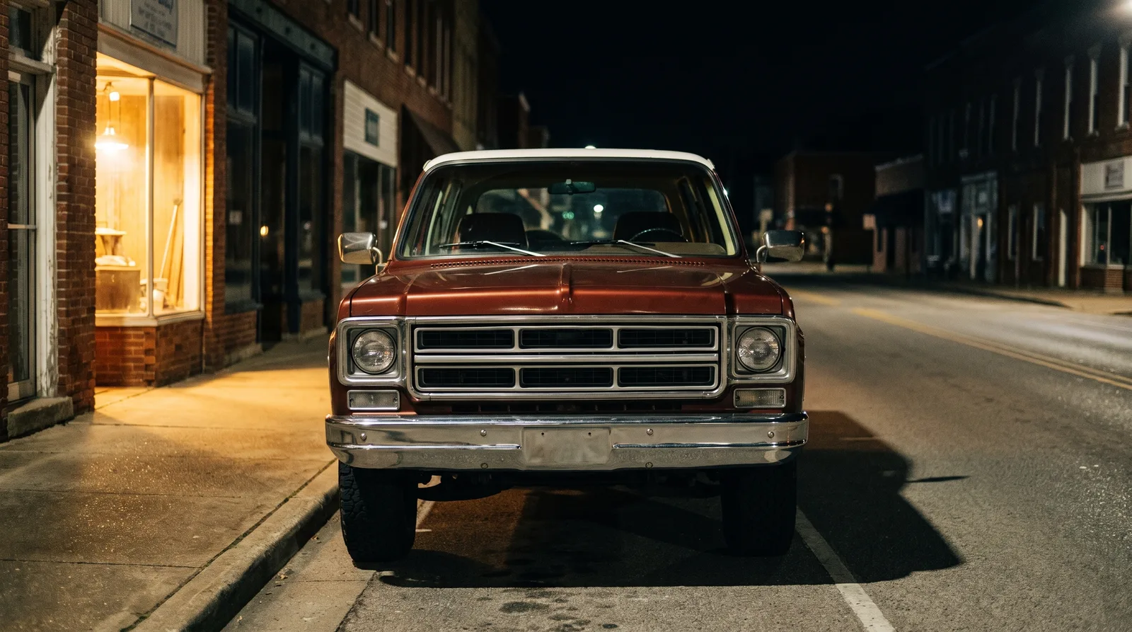 1976 GMC Jimmy High Sierra, night on a small-town main street