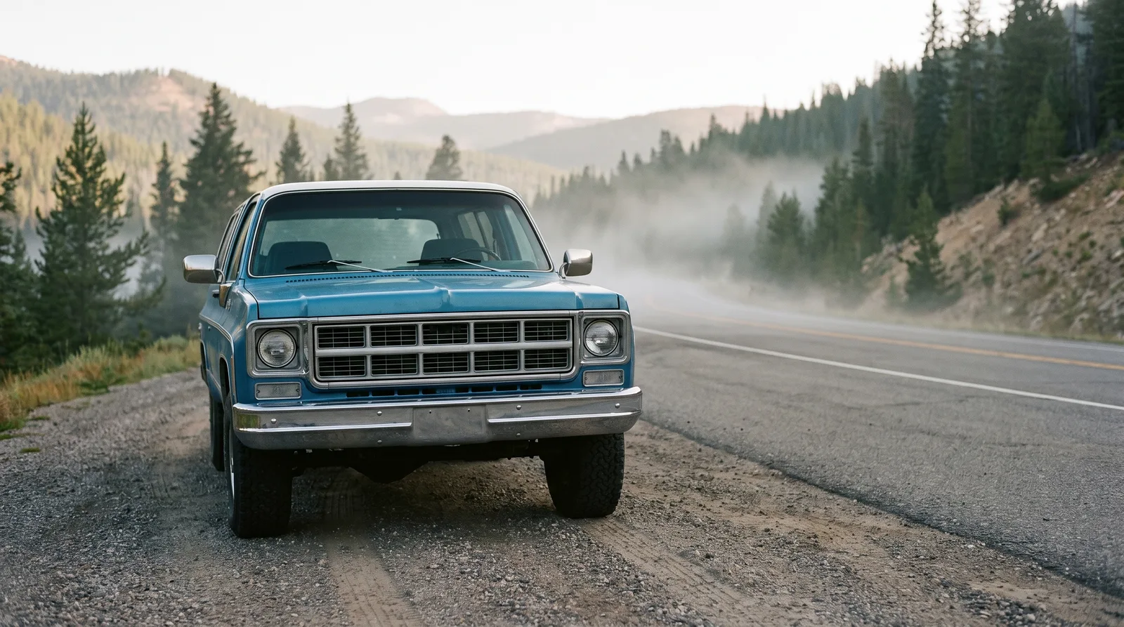 1976 GMC Jimmy â€” misty mountain pass pull-out at dawn