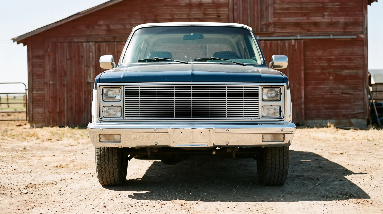 1985 GMC Jimmy â€” survivor in a farm yard at noon