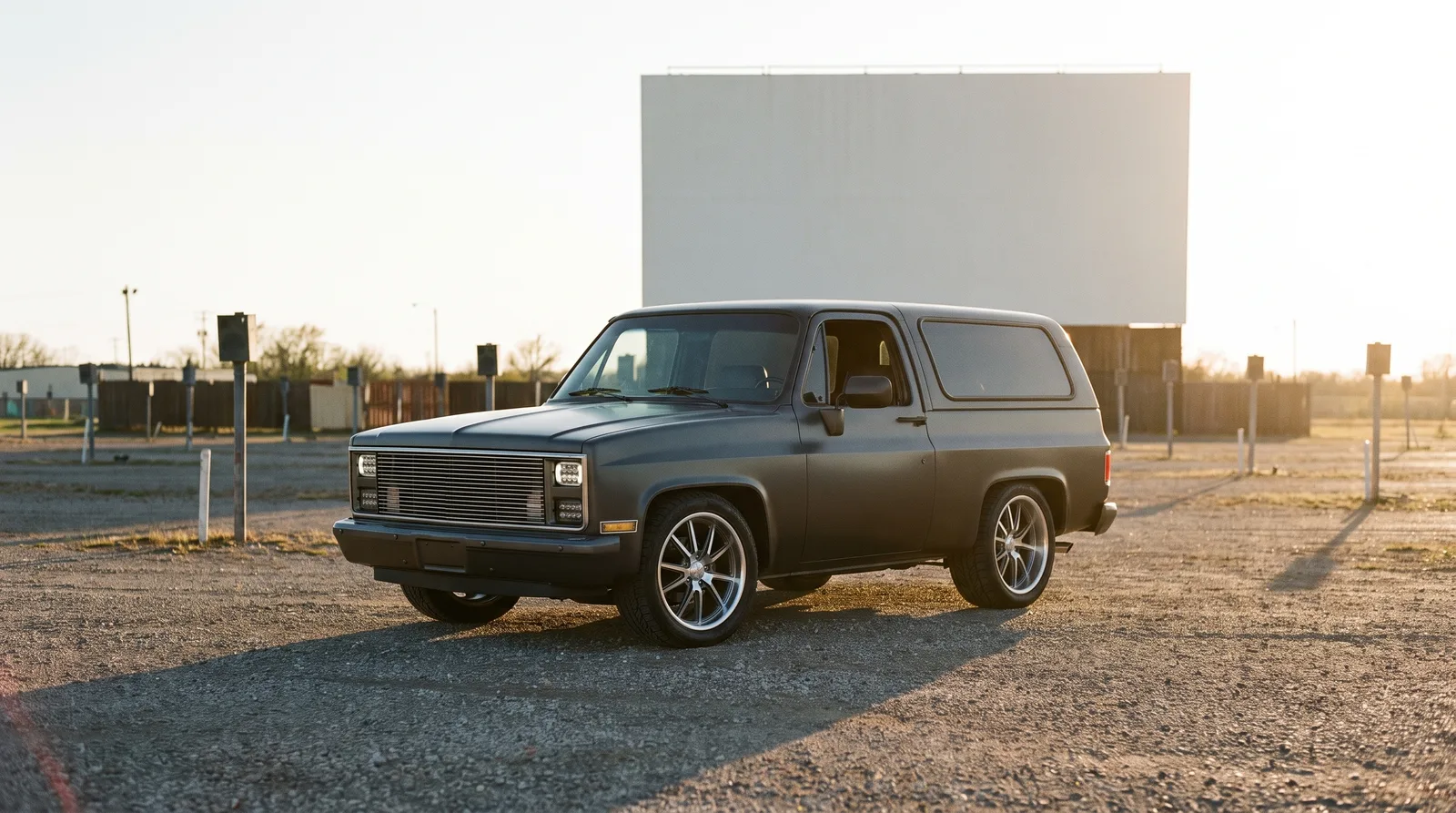 1980s GMC Jimmy restomod, at an empty drive-in theatre