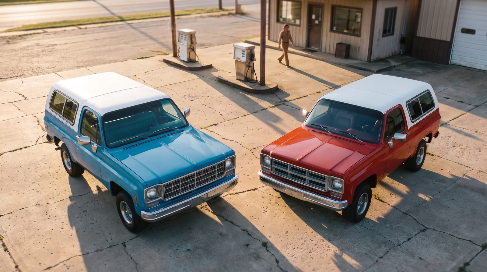 1979 Chevrolet K5 Blazer and GMC Jimmy, side by side at an old gas station