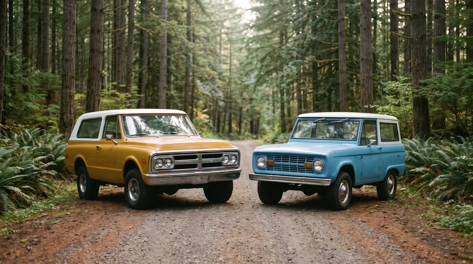 1971 GMC Jimmy and Ford Bronco, nose to nose on a forest road