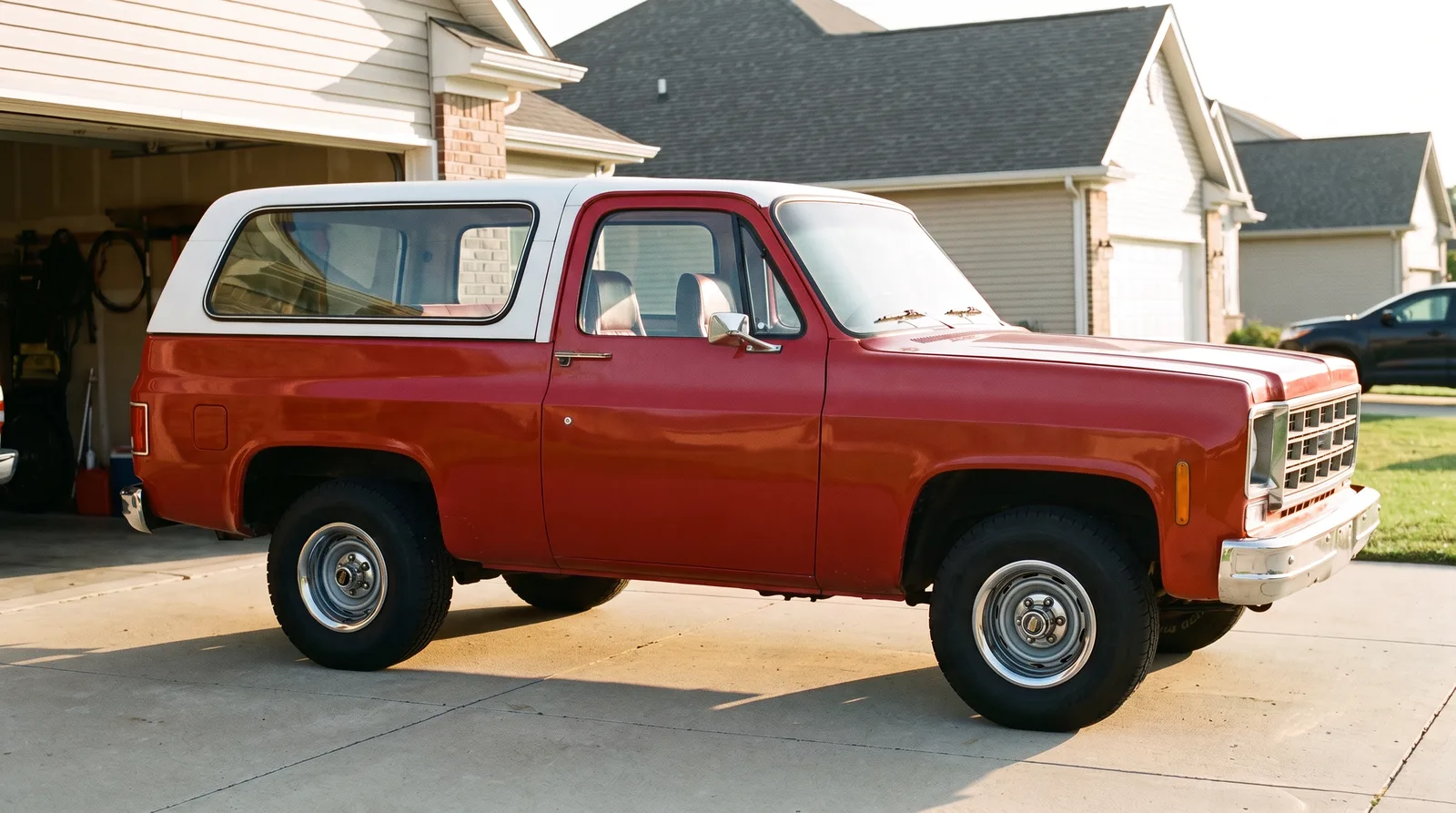 1976 Chevrolet K5 Blazer, red half-cab squarebody in a home driveway