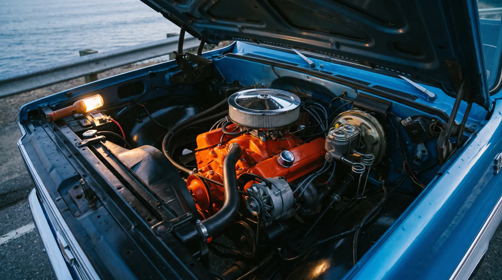 1970s Chevrolet K5 Blazer 350 V8, engine bay at a coastal pull-out