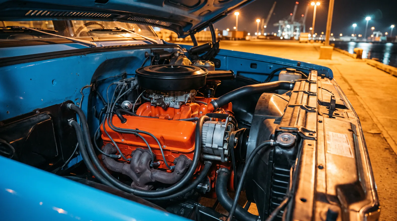 Chevrolet 400 small-block V8, engine bay of a blue K5 Blazer at night