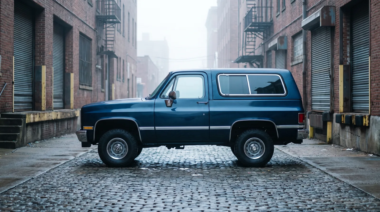1987 Chevrolet K5 Blazer — side profile in a misty warehouse alley