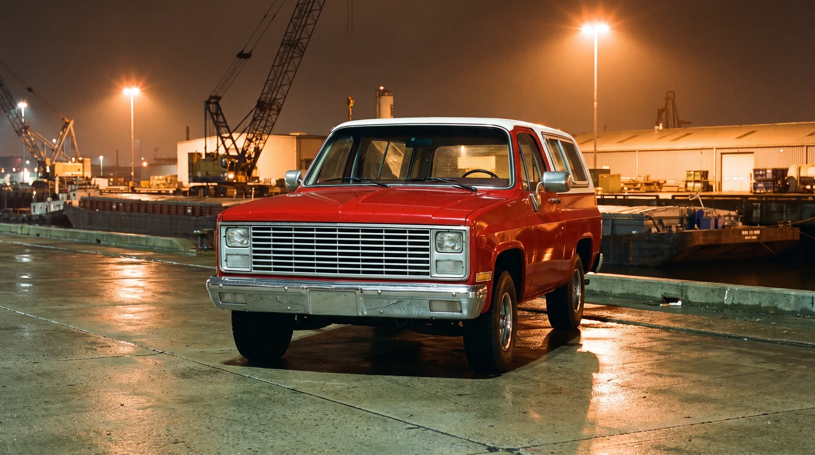 1981 Chevrolet K5 Blazer, red squarebody on a harbour quay at night