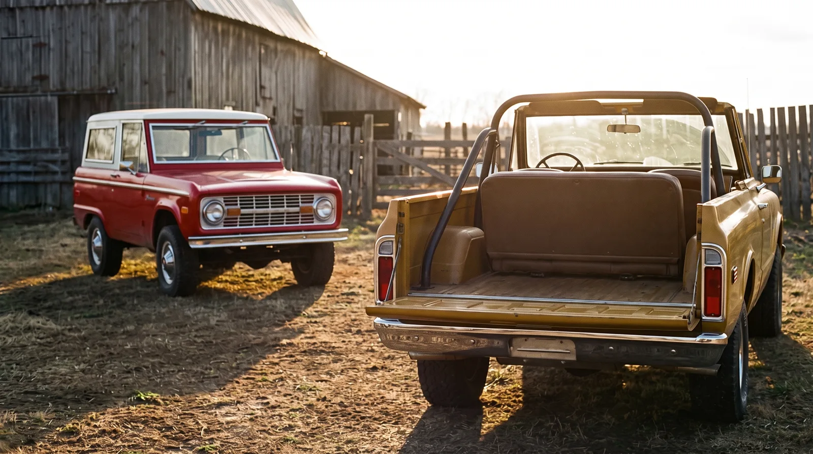 1971 Chevrolet K5 Blazer and Ford Bronco — farm yard at sunset