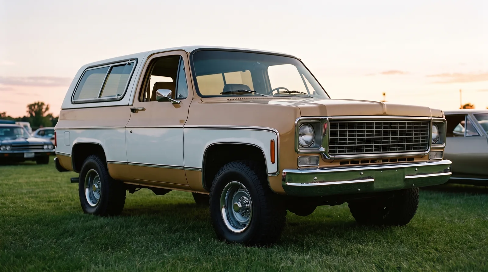1977 Chevrolet K5 Blazer — on a car show lawn at dusk