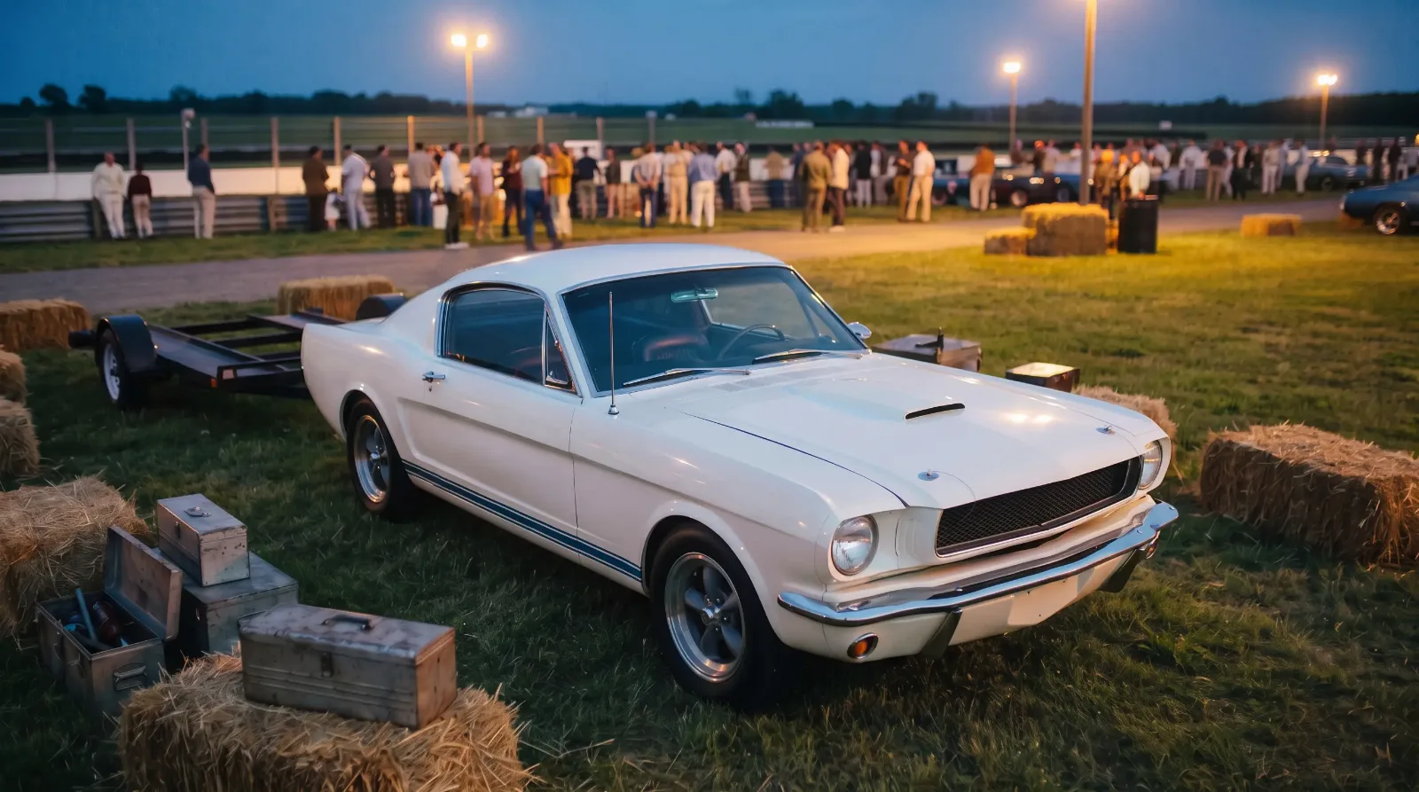 1965 Shelby GT350, in a racing paddock at dusk