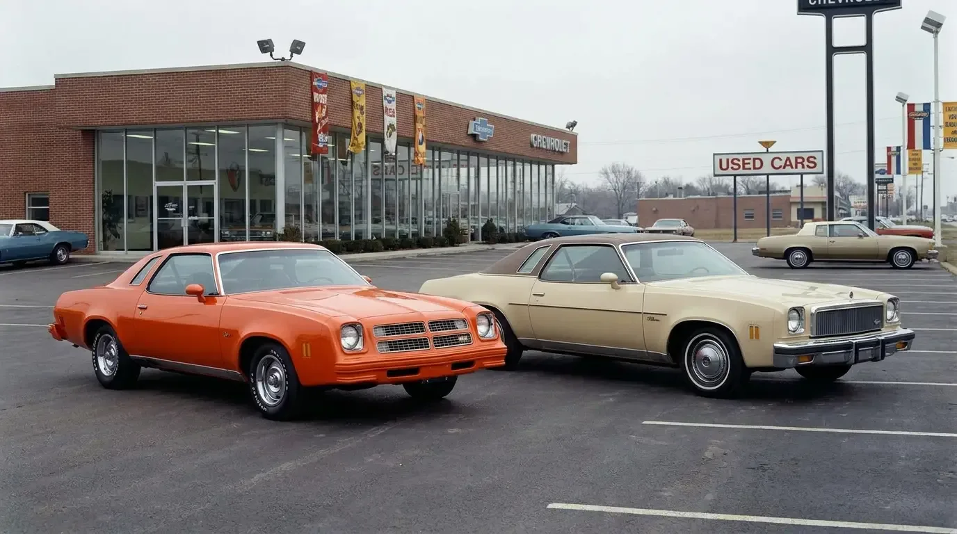 1976 Chevrolet Chevelle Laguna S-3 and Malibu Classic - side by side dealership lot