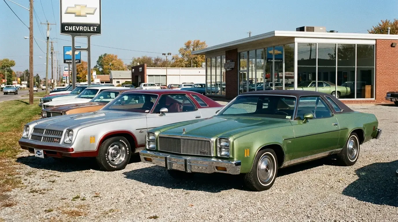 1976 Chevrolet Chevelle Laguna S-3 — dealership lot side by side