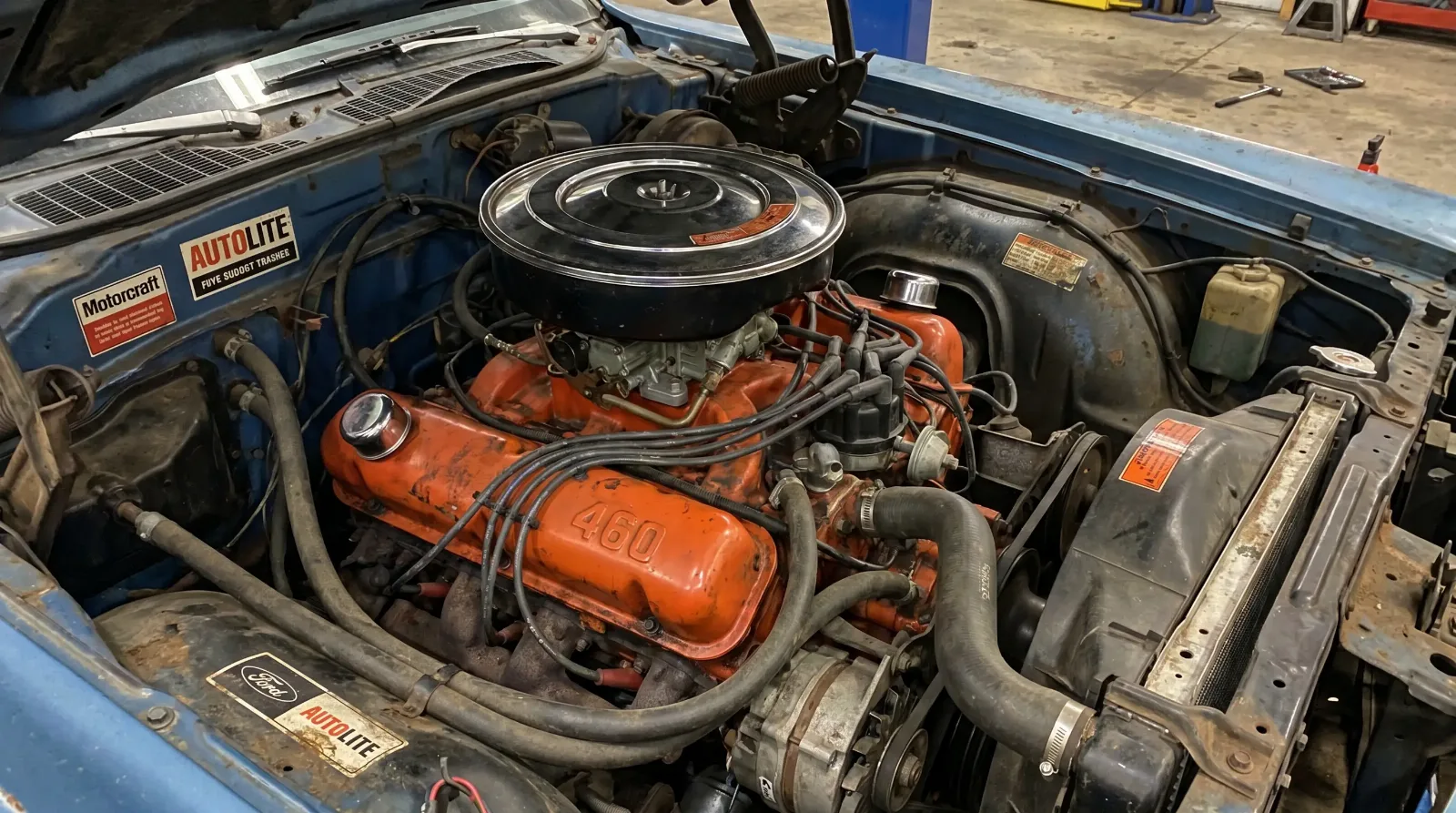 Big-block V8 engine bay of a 1970s land yacht
