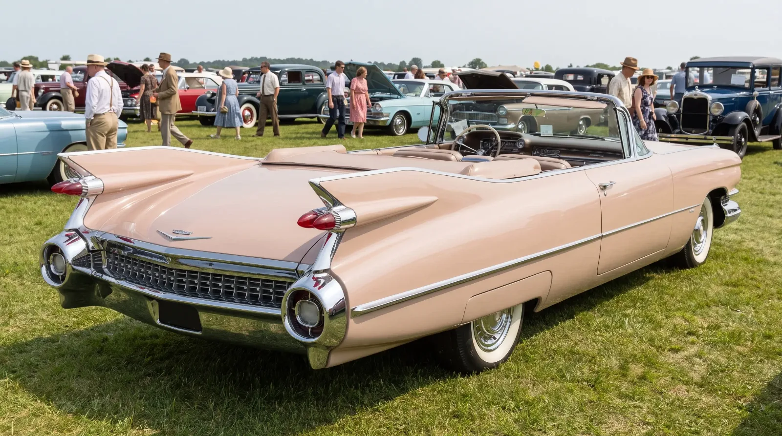 Front three-quarter view of a 1959 Cadillac Series 62 with tall tailfins and twin bullet taillights at a car show