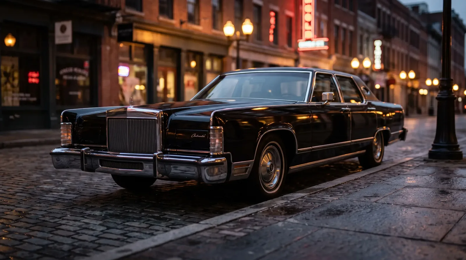 Black 1970s luxury sedan at a city curb at dusk