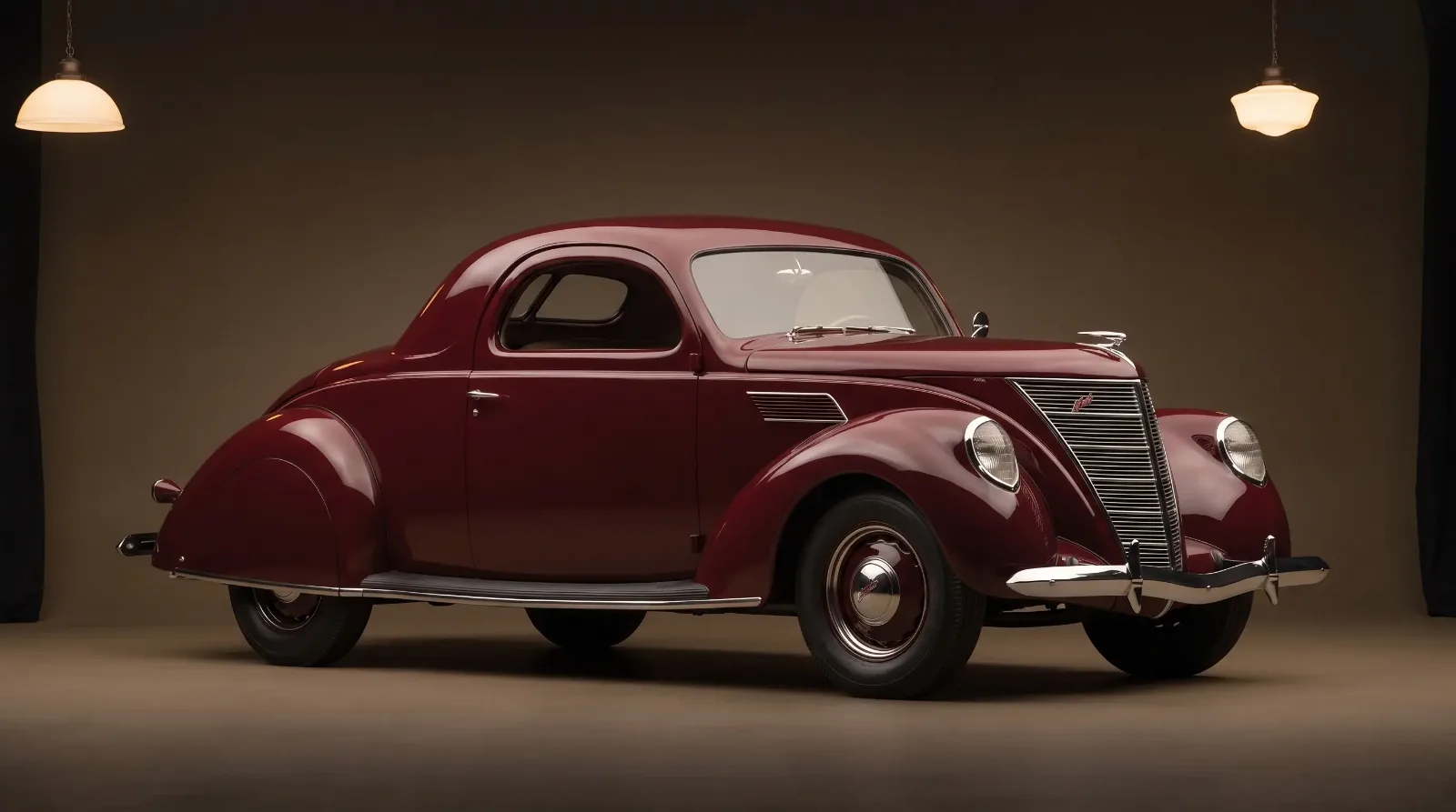Side three-quarter view of a streamlined maroon 1937 Lincoln-Zephyr coupe with art-deco teardrop styling