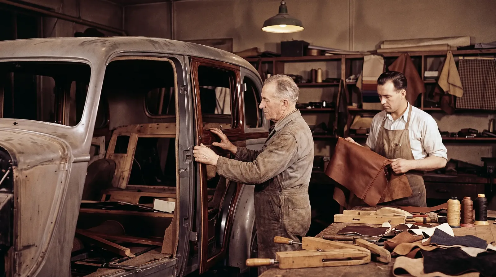 Coachbuilder finishing wood trim and leather in workshop