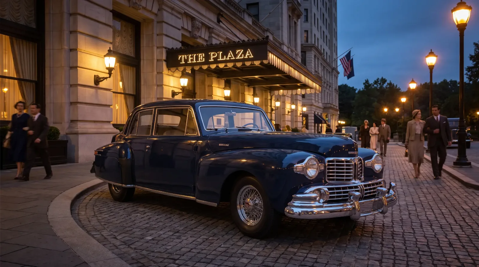 1948 Lincoln Continental at grand hotel entrance dusk