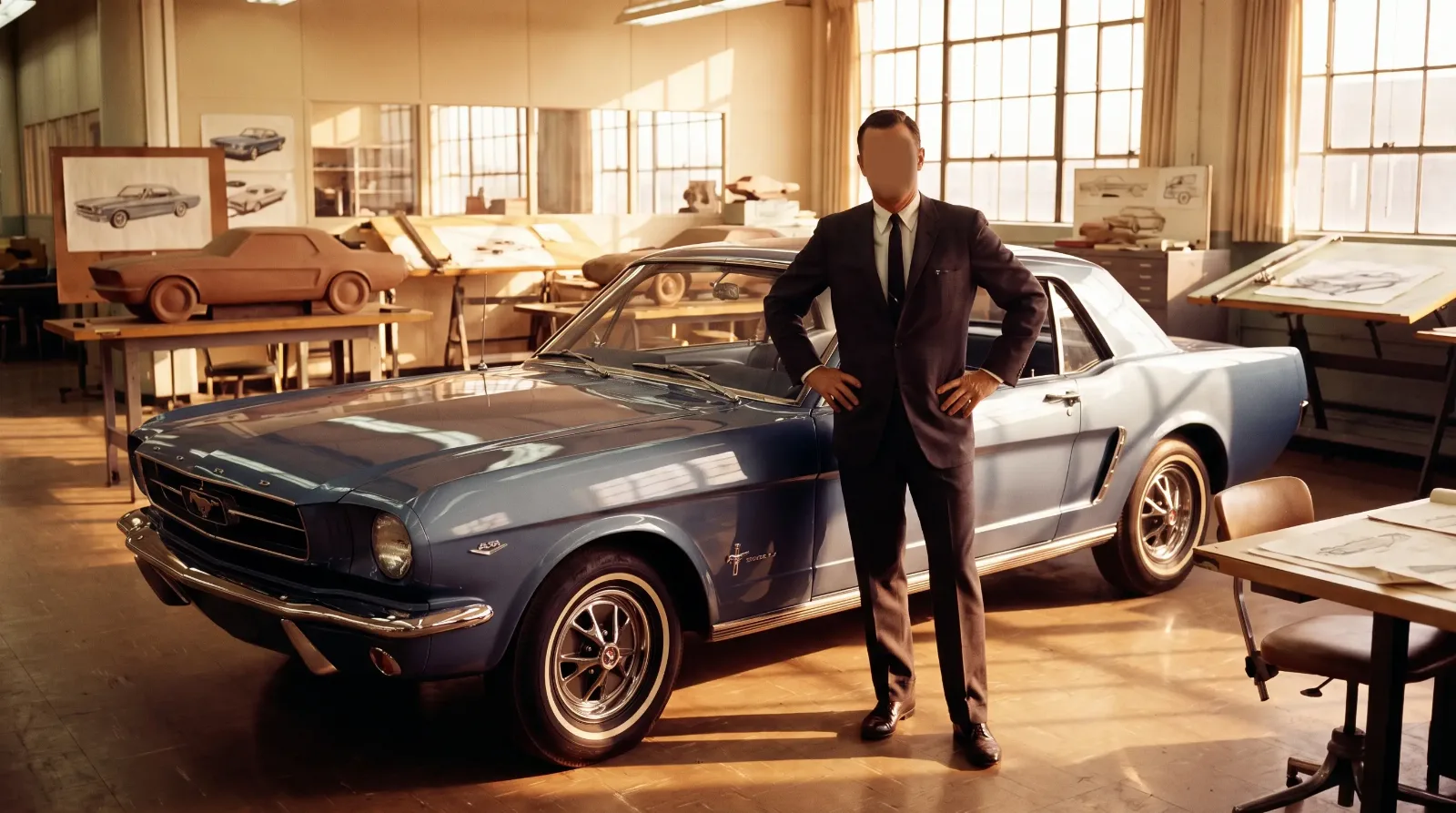 1960s automotive executive beside a new 1964 Ford Mustang
