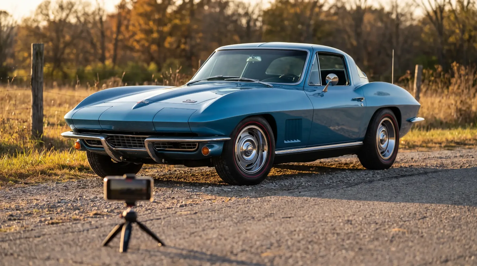 Phone on a small tripod aimed at a blue 1967 Corvette Sting Ray coupe at sunset