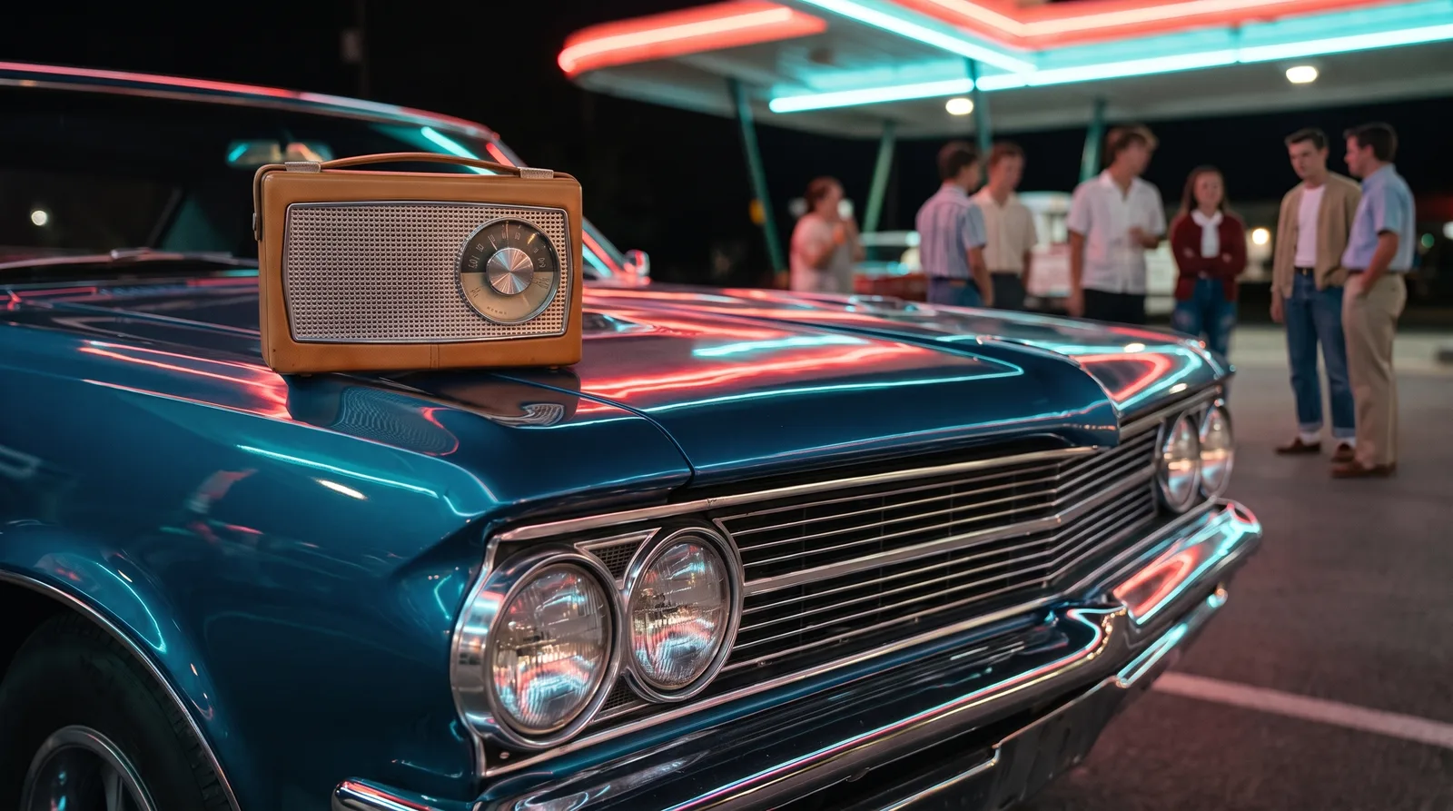 1964 Pontiac GTO, transistor radio at a neon drive-in