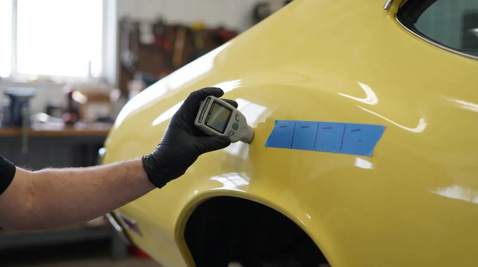 Gloved hand holding a paint thickness gauge against a yellow Cutlass rear quarter panel