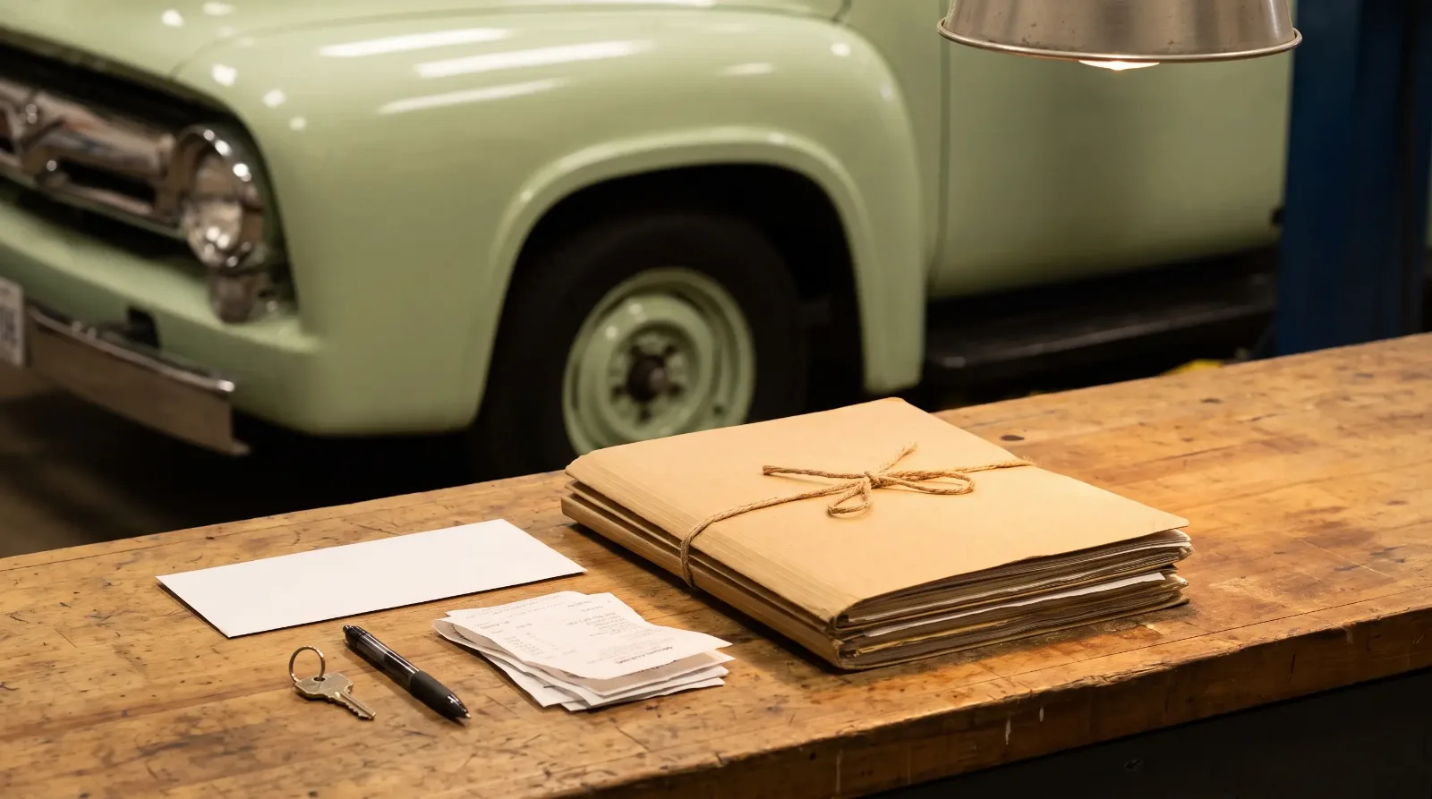 Tied document folder, receipts and key on a workbench beside a 1956 Ford F-100