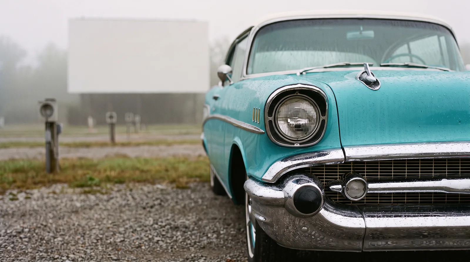 1957 Chevrolet Bel Air, front corner at a misty drive-in