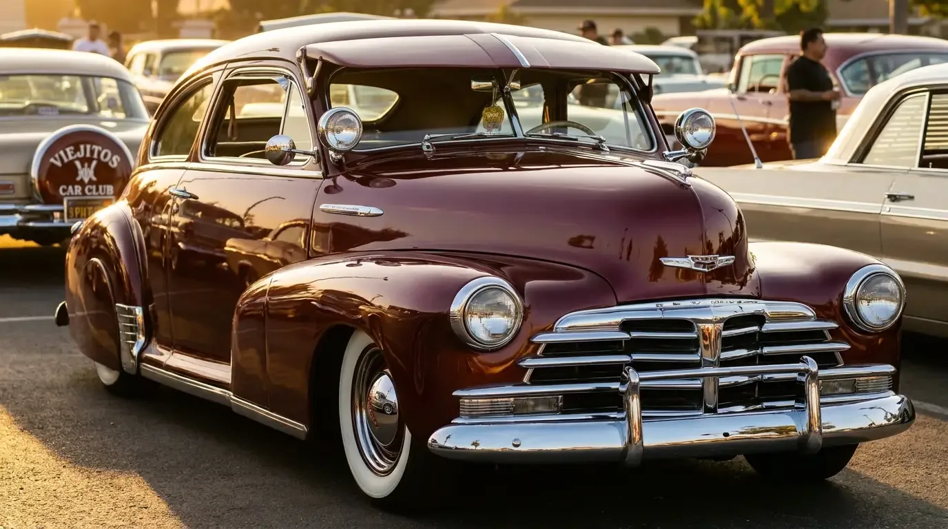 Pristine 1940s Chevrolet fat-fender bomb lowrider with exterior sun visor, chrome fender skirts, Appleton spotlights, and wide whitewalls at a bomb-club gathering in warm golden-hour light