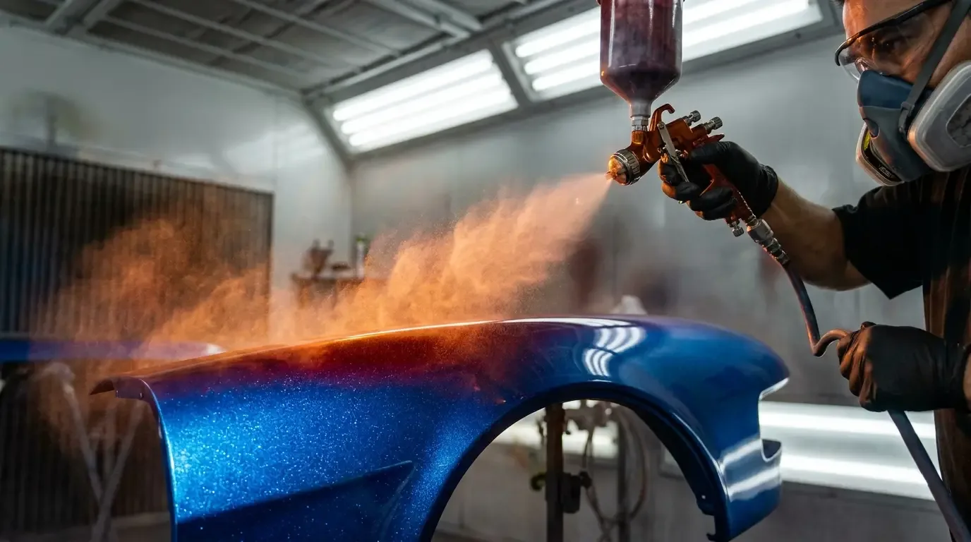 Painter in a spray booth applying a glowing translucent candy coat over a lowrider body panel
