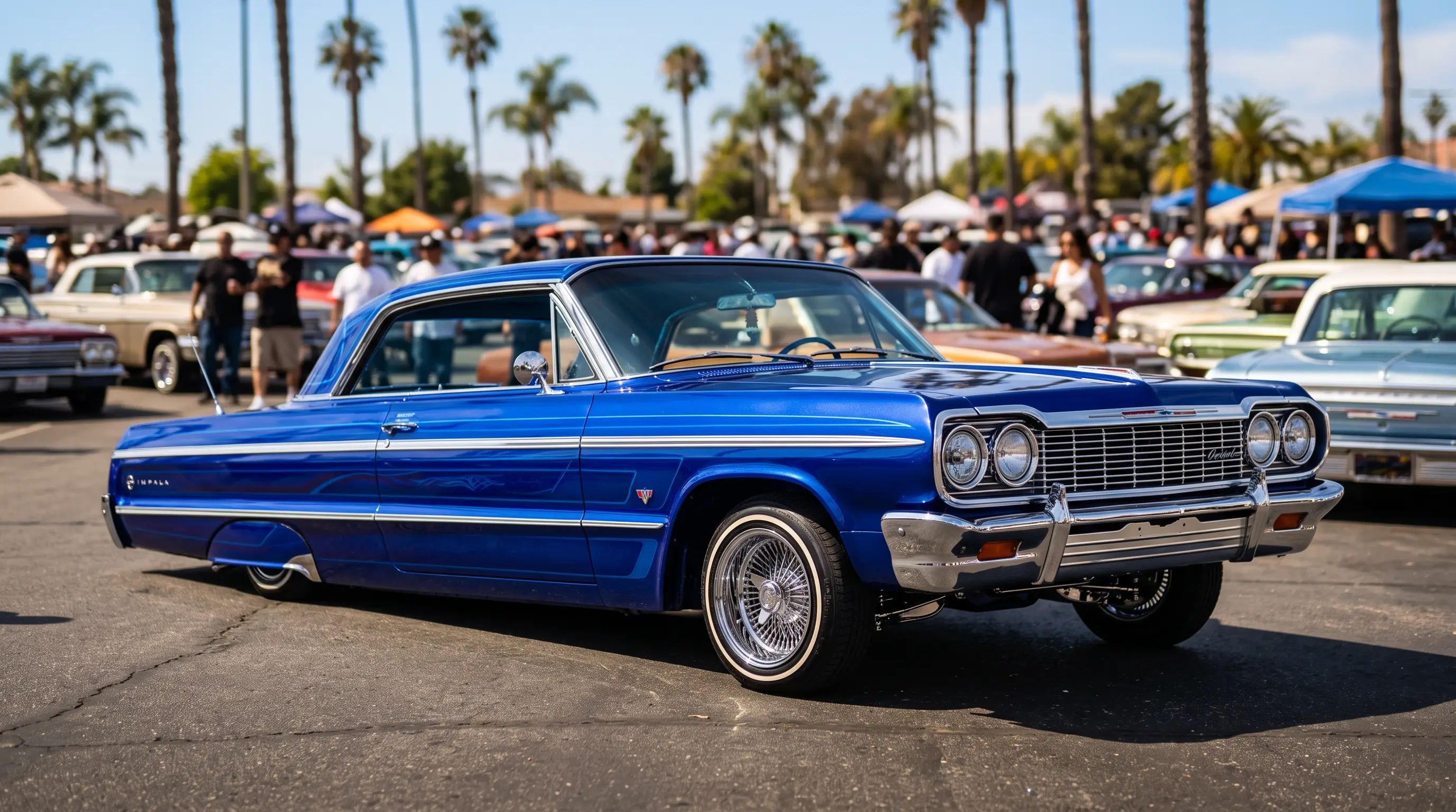 Lowered 1964 Chevrolet Impala lowrider with candy paint at a sunny car show