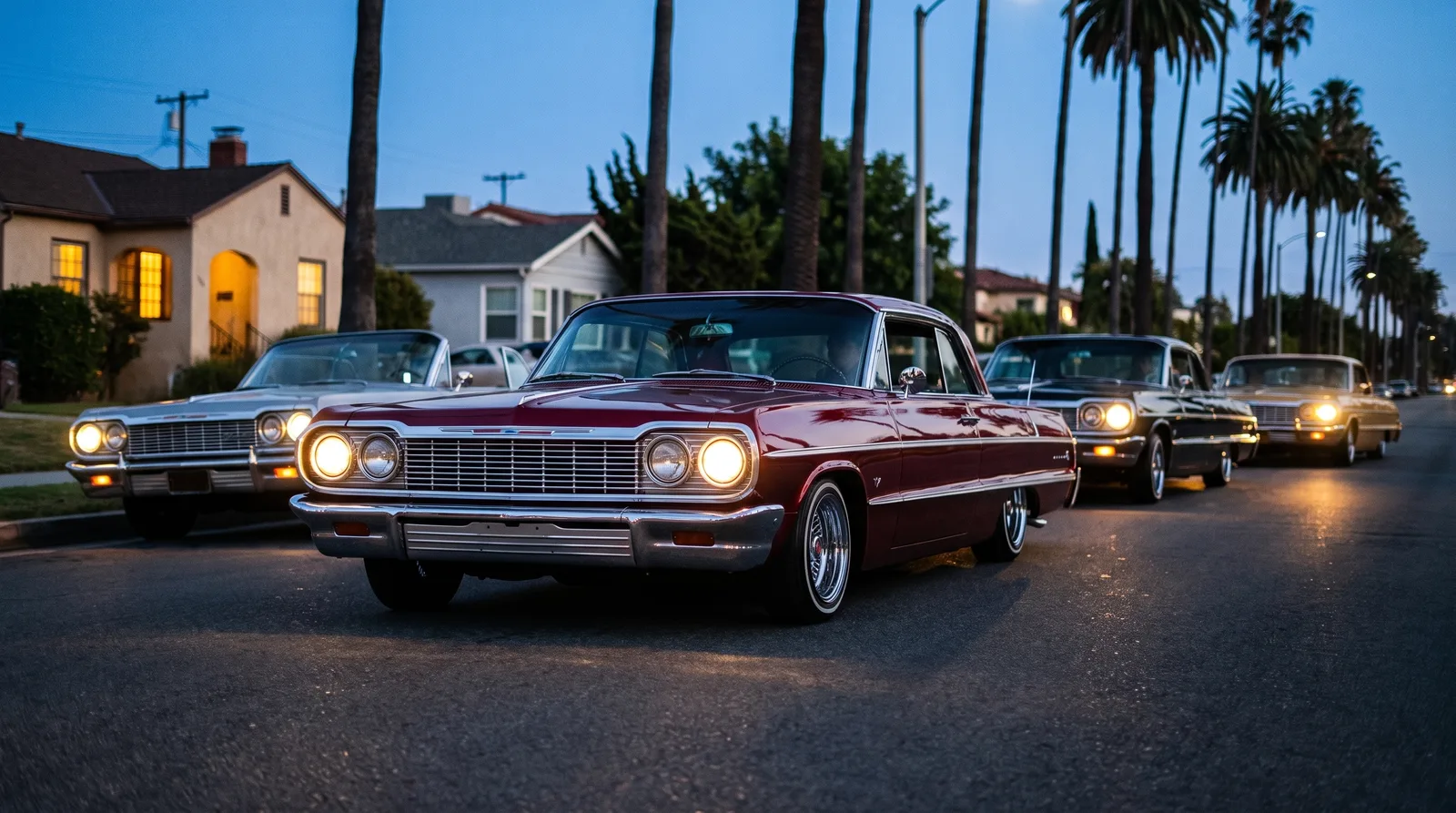 1964 Chevrolet Impala lowrider, leading a club cruise at dusk