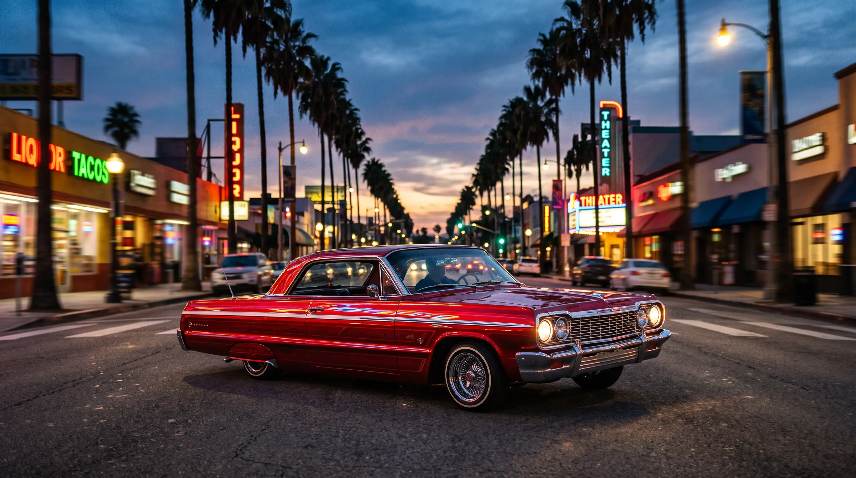 Lowrider Chevrolet Impala cruising a palm lined boulevard at dusk with neon lights